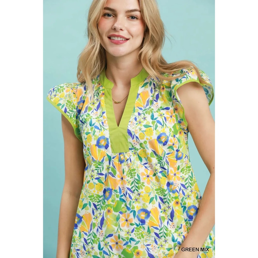Umgee Floral Flutter Sleeve Tiered Mini Dress - Green Mix - Small - Picture 4 of 5